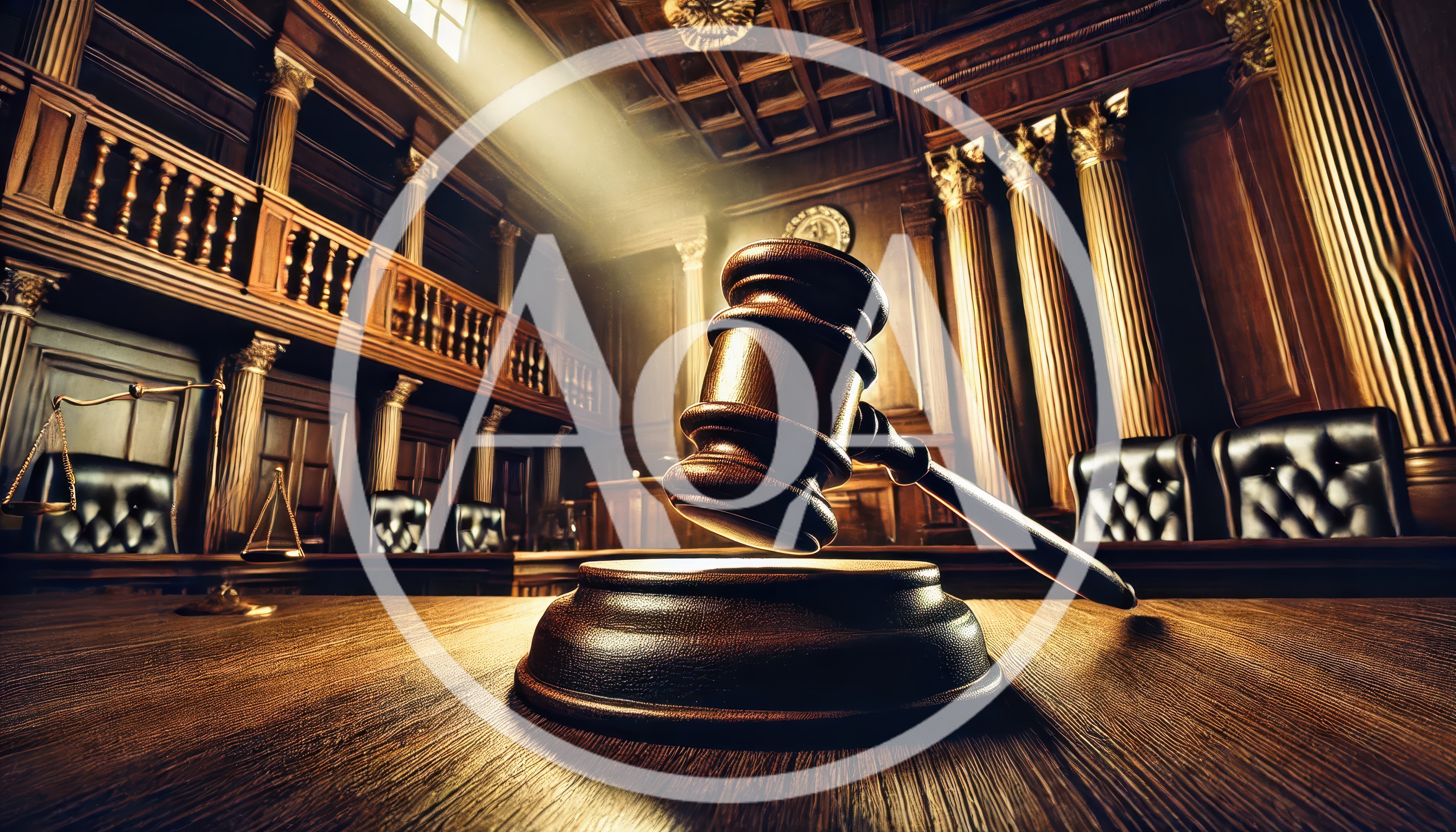 Wooden Judge Gavel Resting On A Courtroom Desk