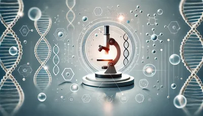 Microscope Surrounded by DNA Strands and Molecular Structures