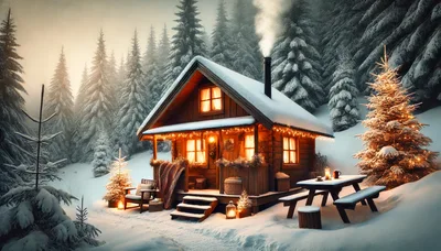 Cozy Log Cabin in Snowy Winter Forest