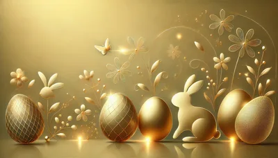 Golden Easter Eggs And Rabbits With Floral Decorations