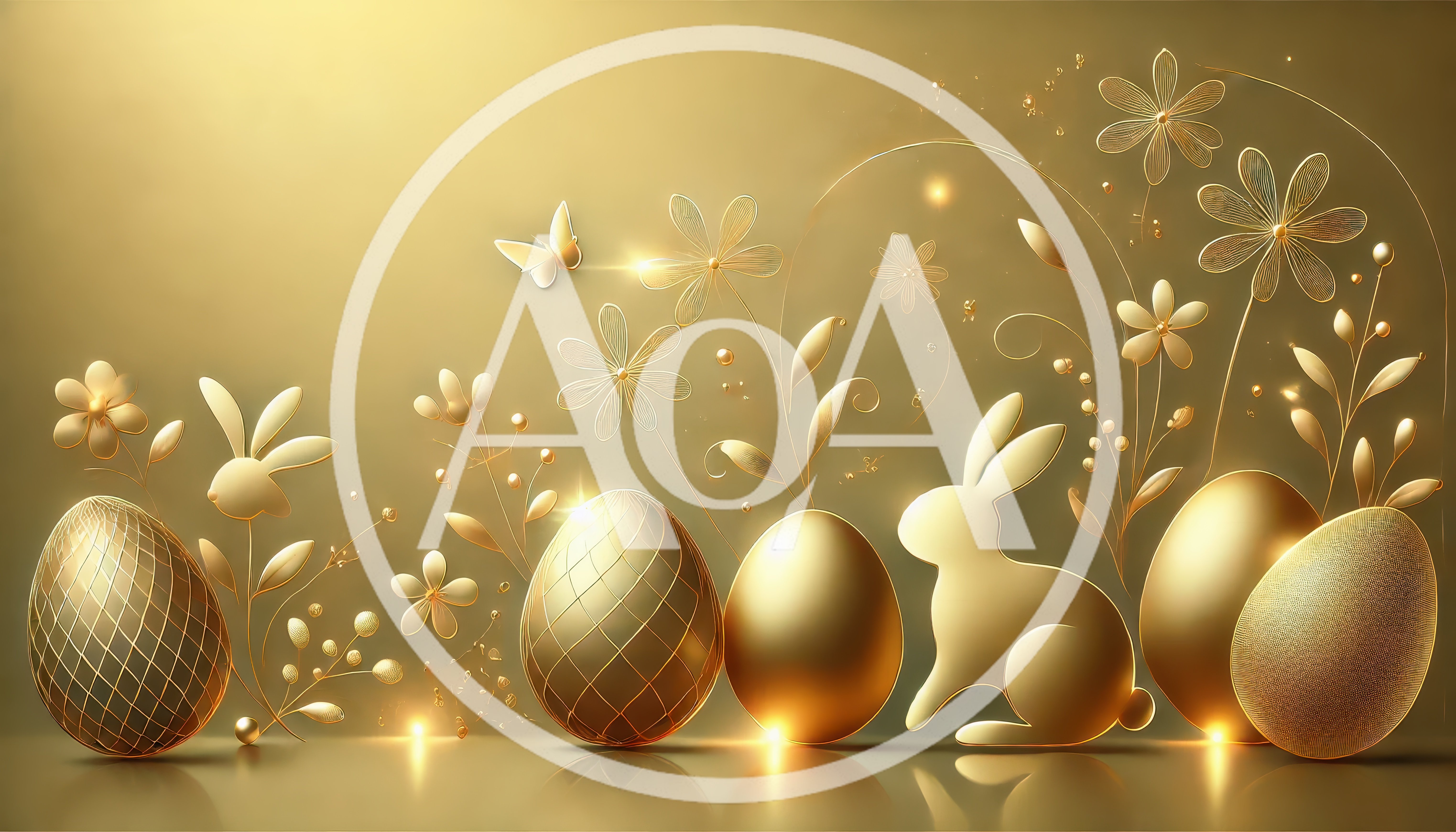 Golden Easter Eggs And Rabbits With Floral Decorations
