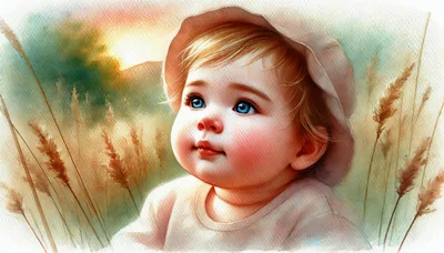 Watercolor Illustration Of A Toddler In A Field