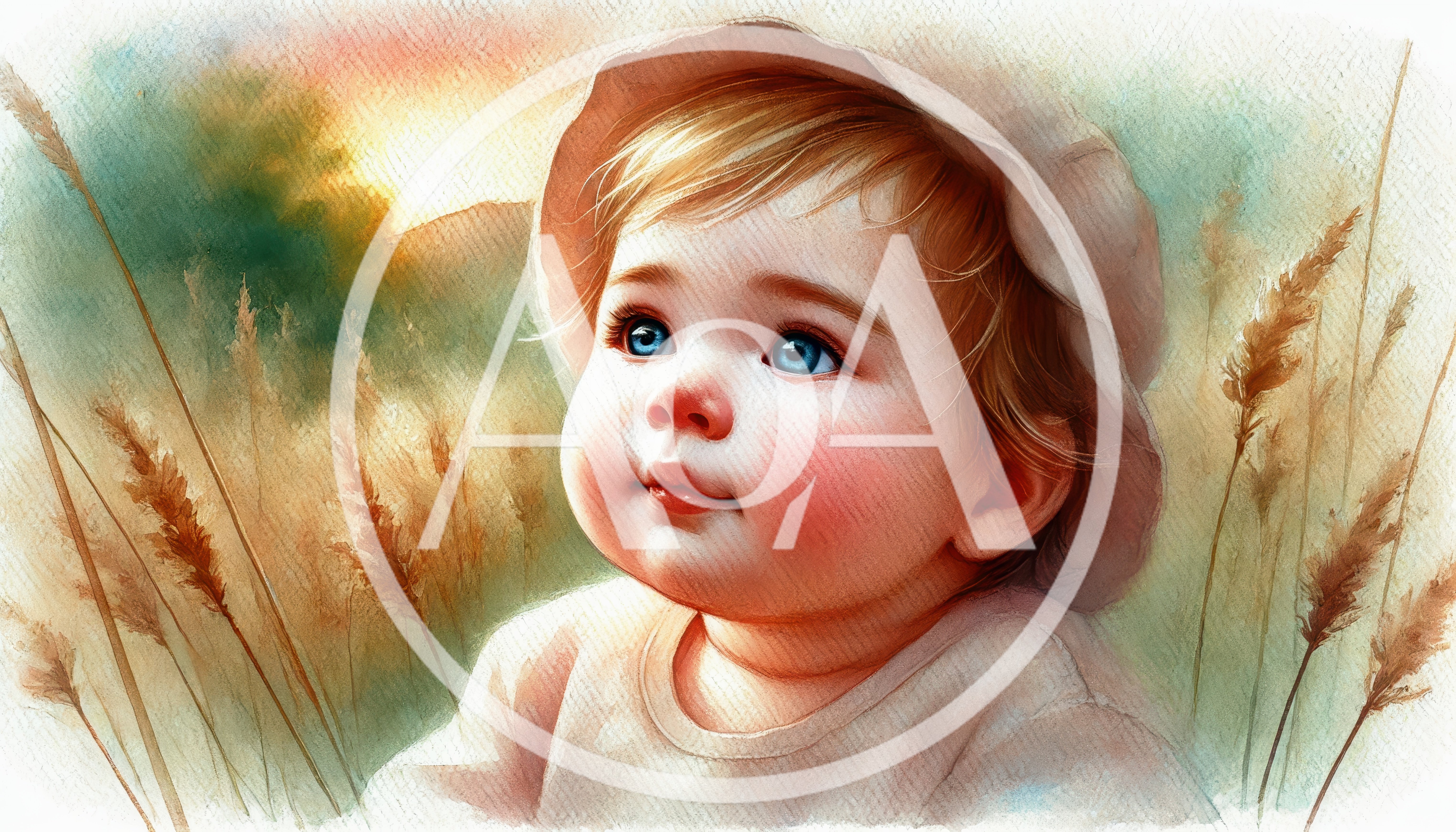 Watercolor Illustration Of A Toddler In A Field