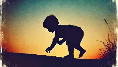 Silhouette Of A Toddler Exploring Outdoors At Sunset