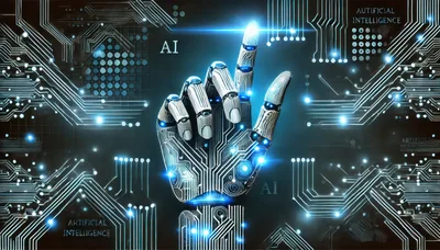 Futuristic Robotic Hand Interacting With Digital Circuitry