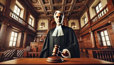 Stern Judge Holding Gavel In Traditional Wood Paneled Courtroom