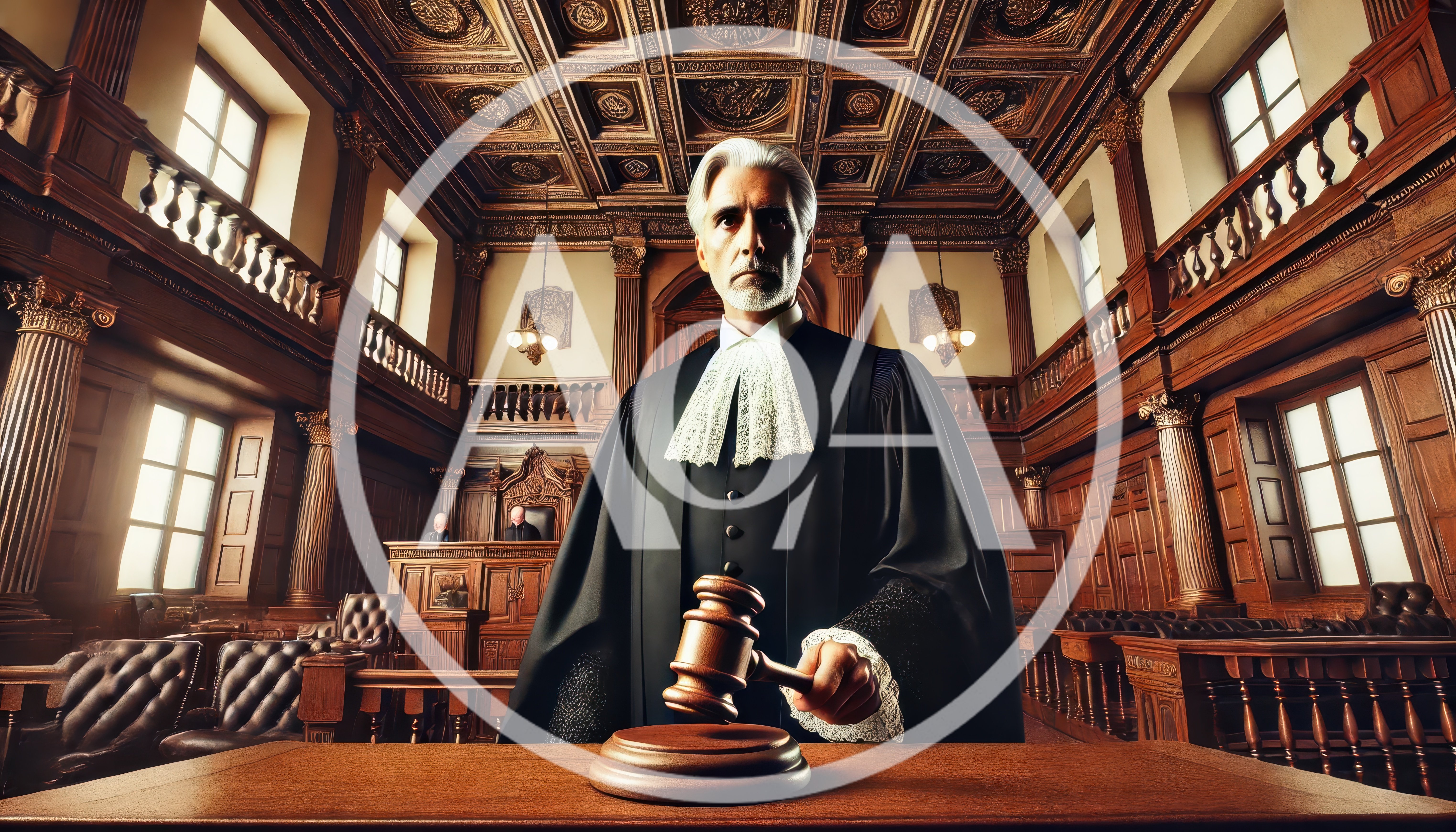 Stern Judge Holding Gavel In Traditional Wood Paneled Courtroom