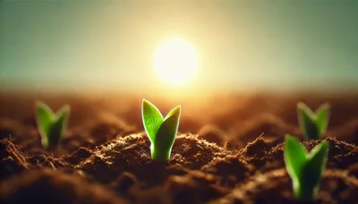 Green Seedlings Sprouting From Fertile Soil At Sunrise