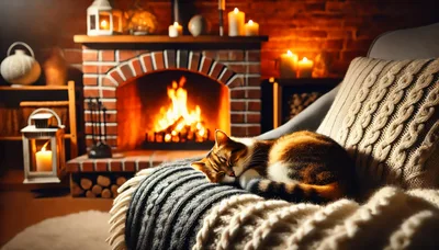 Tabby Cat Sleeping on a Cozy Armchair by Fireplace