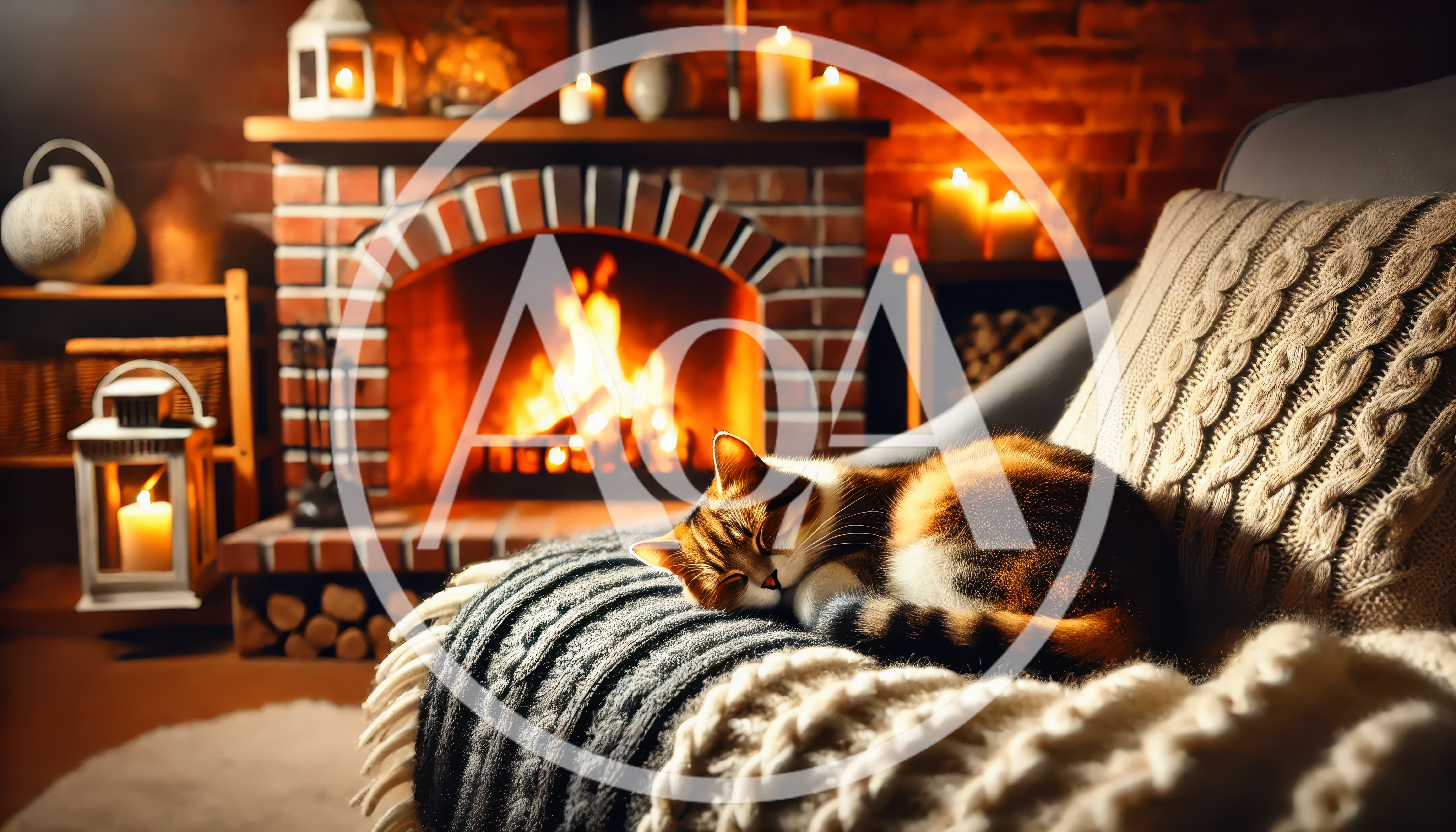 Tabby Cat Sleeping on a Cozy Armchair by Fireplace
