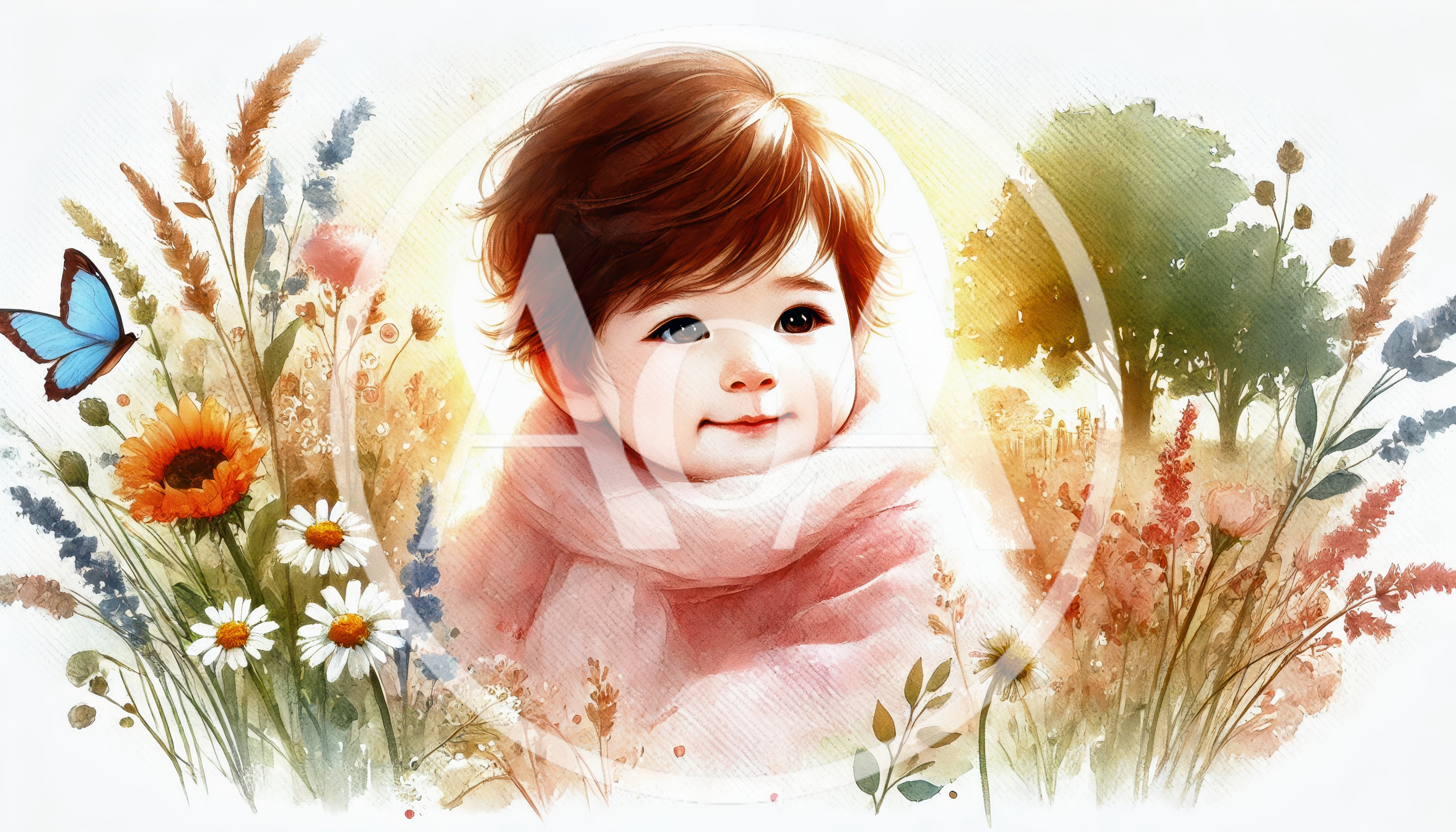 Watercolor Illustration Of A Smiling Baby In Nature
