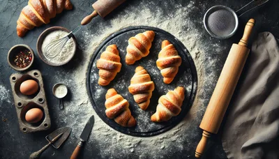 Freshly Baked Croissants On A Dark Kitchen Counter