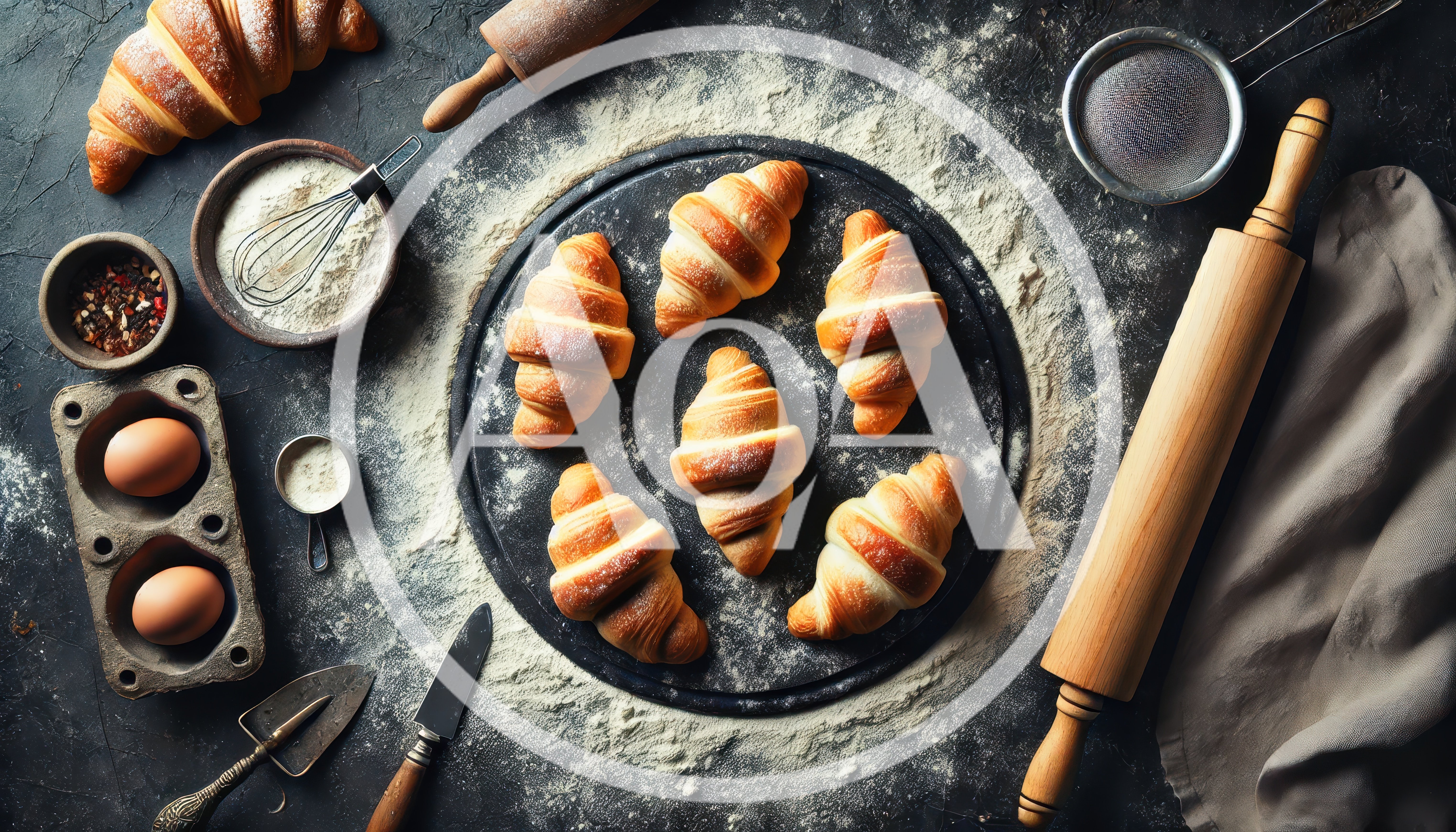 Freshly Baked Croissants On A Dark Kitchen Counter