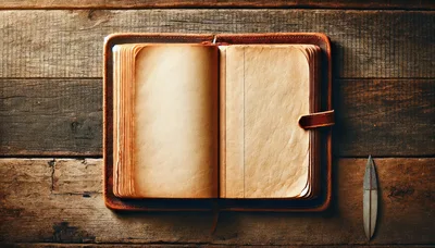 Open Vintage Leather Journal On Rustic Wooden Table