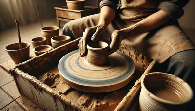 Potter Shaping Clay Vessel On A Spinning Pottery Wheel