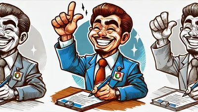 Cartoon Businessman Signing Documents With Enthusiastic Gesture