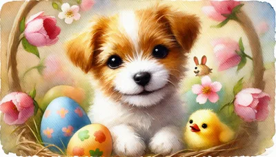 Cute Puppy With Easter Eggs And Chick