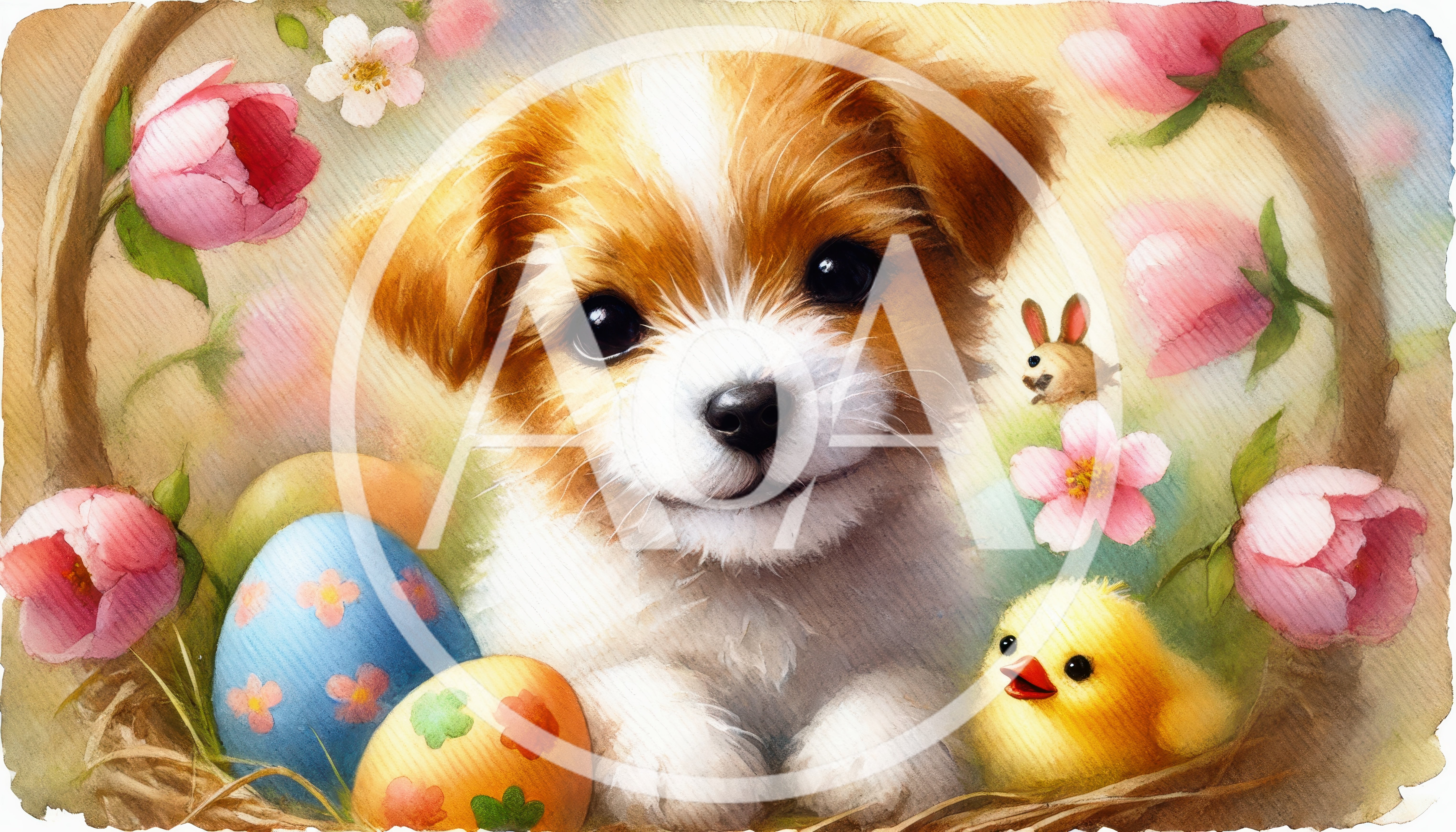 Cute Puppy With Easter Eggs And Chick