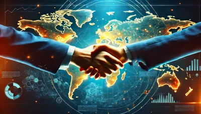 Global Business Partnership Handshake Over Digital World Map
