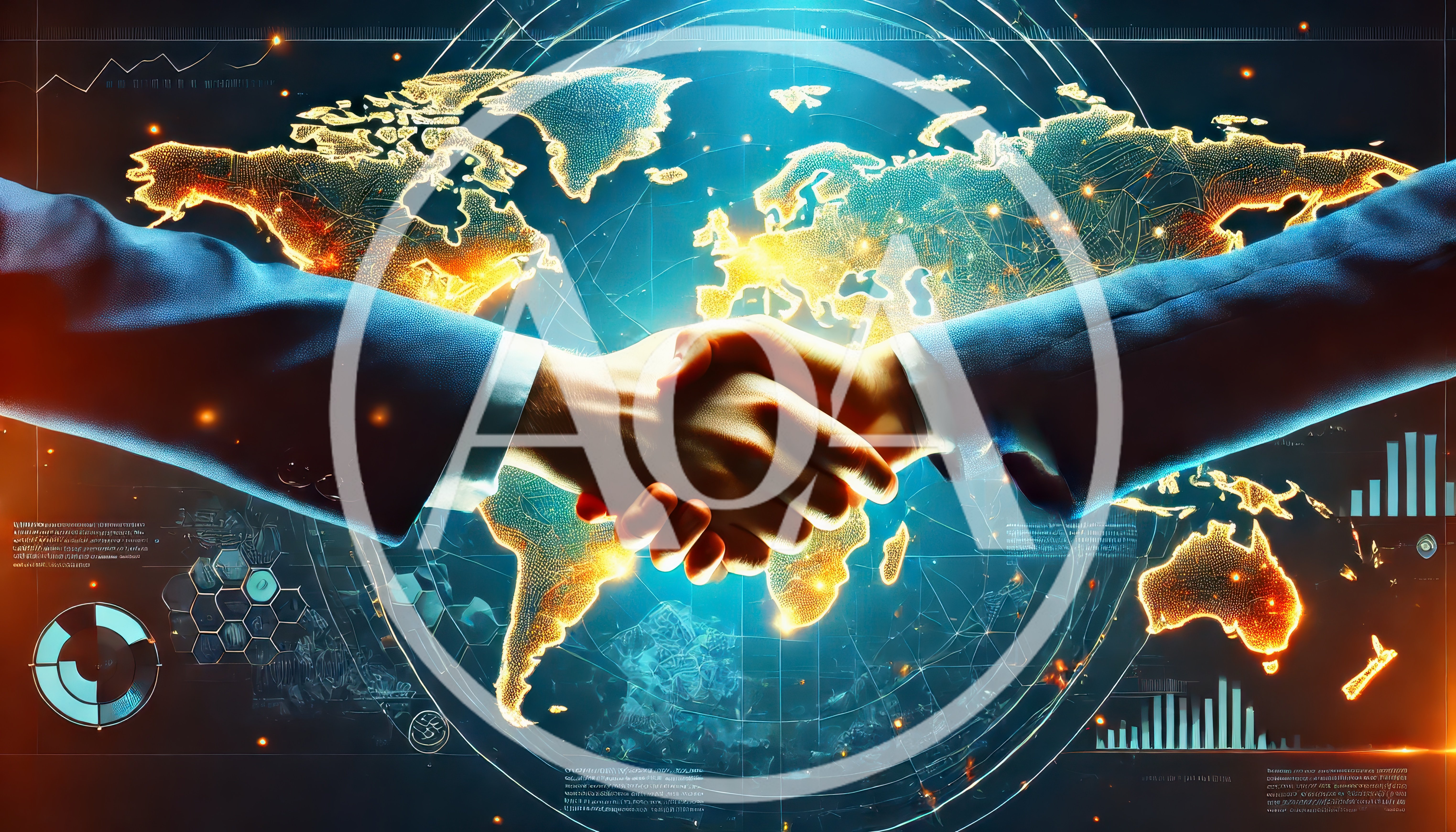 Global Business Partnership Handshake Over Digital World Map