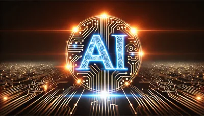 Glowing AI Circuitry Emblem On Digital Background