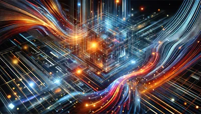 Abstract Digital Data Processing Cube With Light Trails