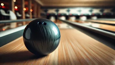 Bowling Ball Resting On A Polished Wooden Lane