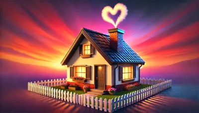 Cozy Cottage With Heart Shaped Smoke At Sunset