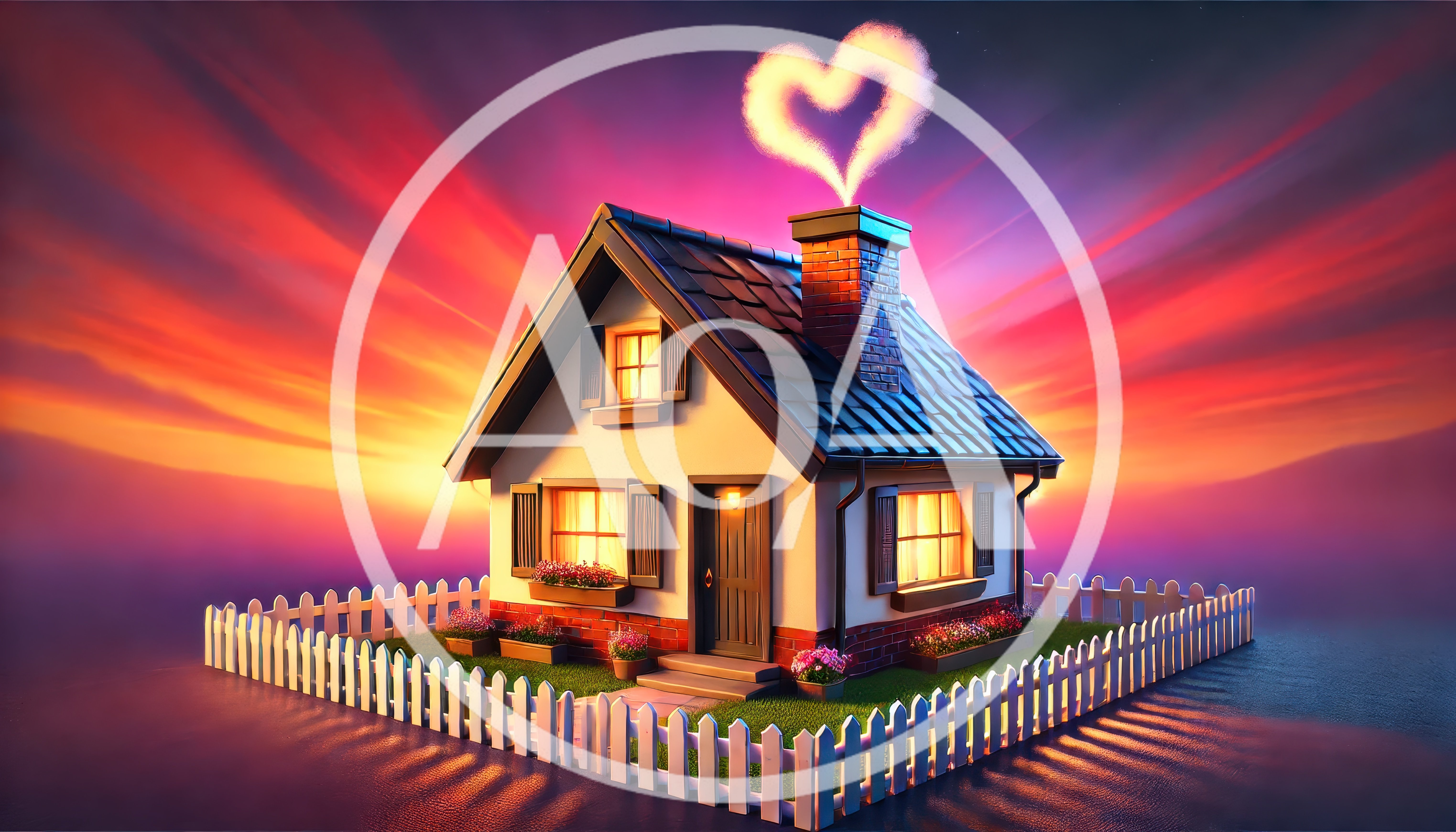 Cozy Cottage With Heart Shaped Smoke At Sunset
