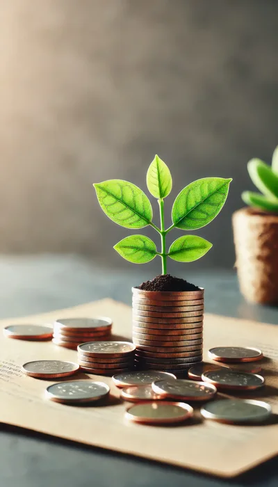 Small Green Plant Growing From Stack Of Coins