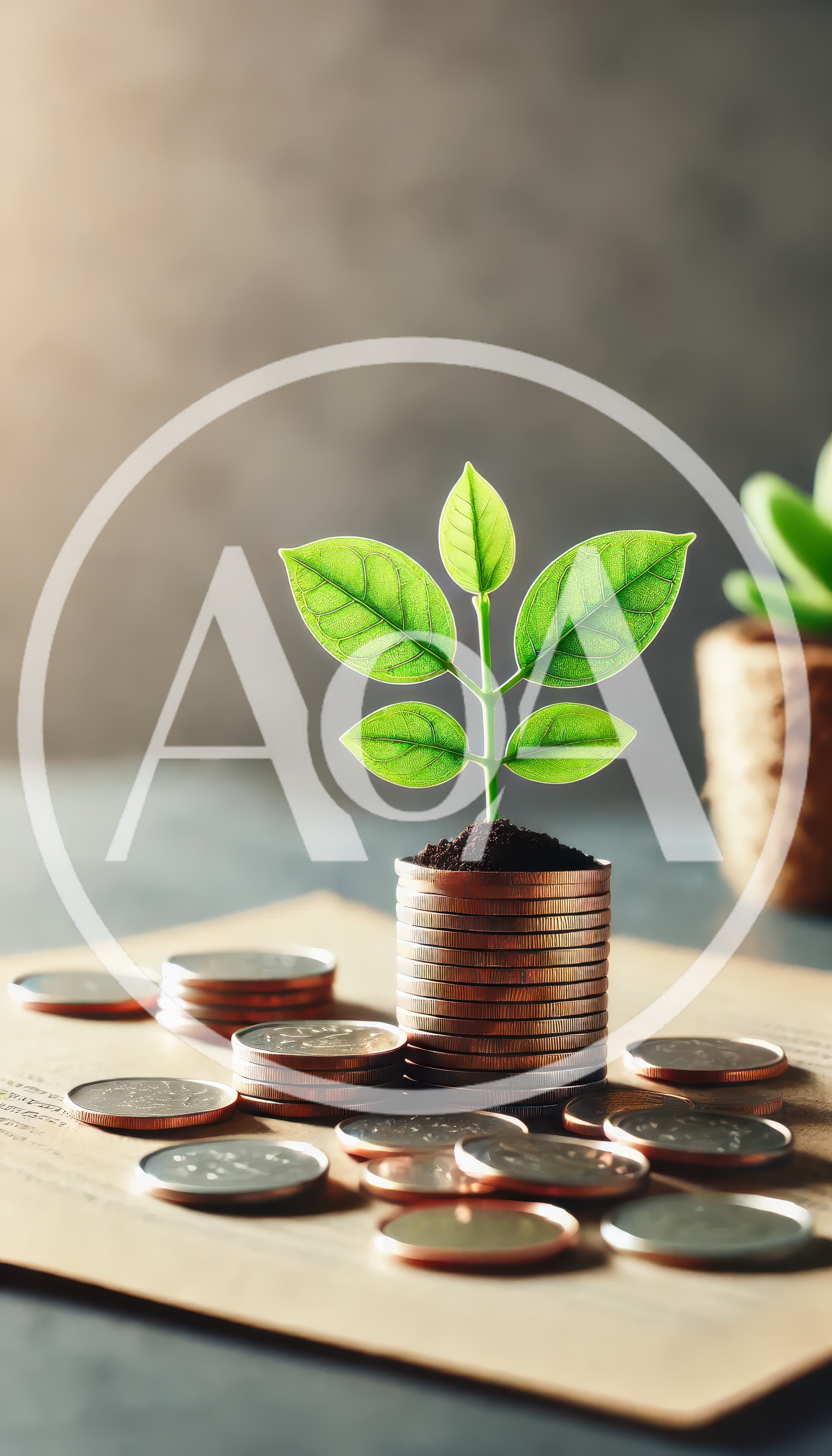 Small Green Plant Growing From Stack Of Coins