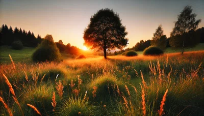 Golden Hour Sunset Over A Serene Meadow