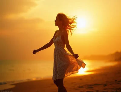 Young Woman Dancing In White Dress At Sunset