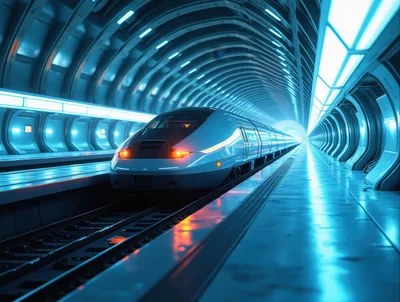 Futuristic High Speed Train Traveling Through Illuminated Tunnel