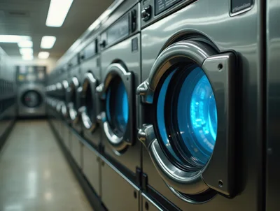 Row of Industrial Washing Machines in a Laundromat