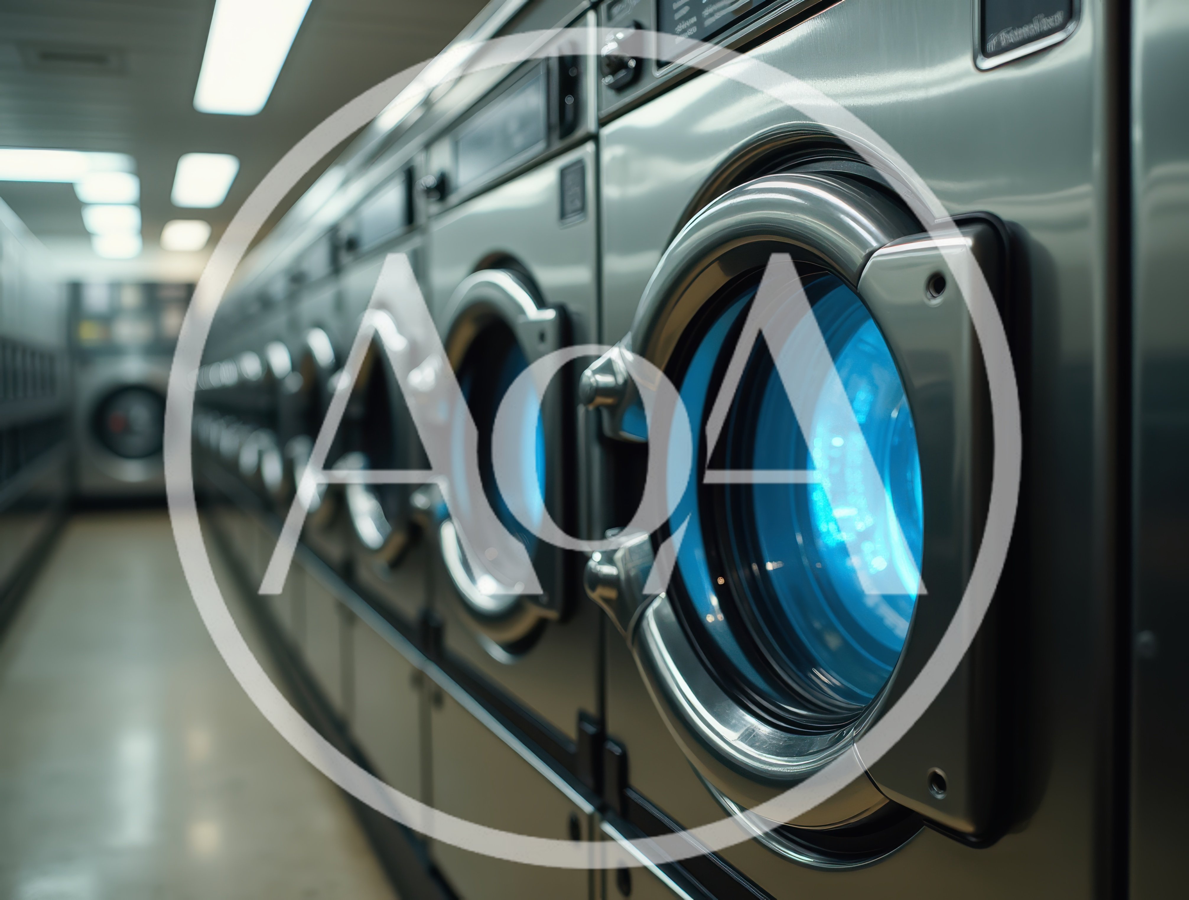 Row of Industrial Washing Machines in a Laundromat