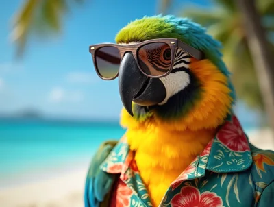 Cool Macaw Parrot Wearing Sunglasses And Hawaiian Shirt