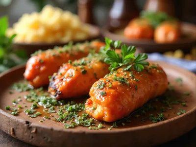 Stuffed Cabbage Rolls Served On A Rustic Wooden Plate