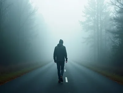 Lone Person Walking Down A Foggy Road