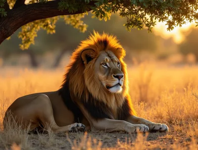 Majestic Male Lion Resting Under Tree at Sunset