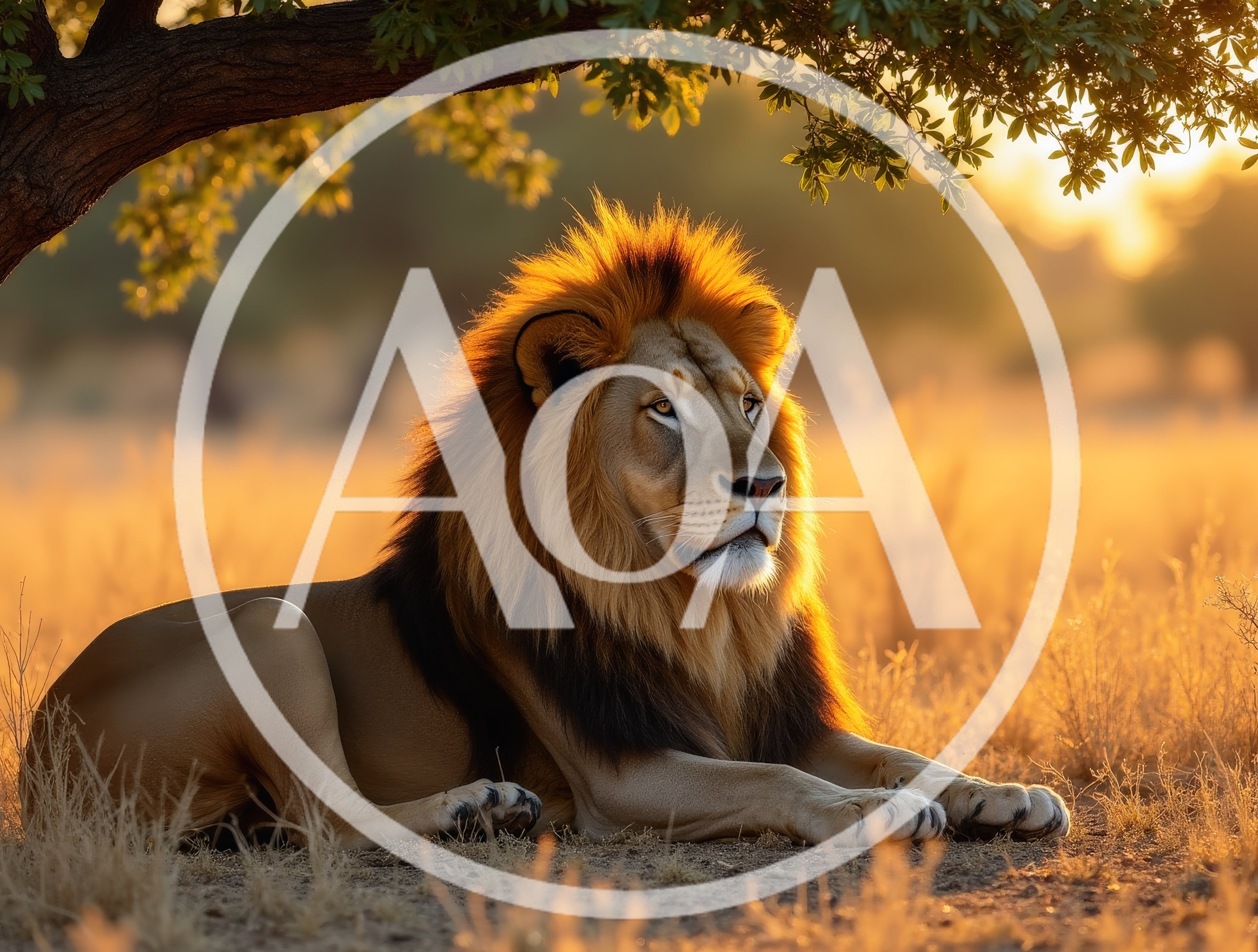 Majestic Male Lion Resting Under Tree at Sunset