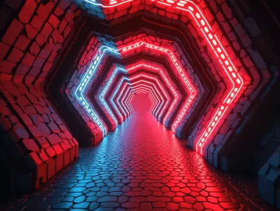 Futuristic Hexagonal Tunnel With Neon Red And Blue Lighting