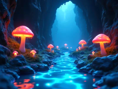 Glowing Bioluminescent Mushrooms In A Mystical Underground Cave