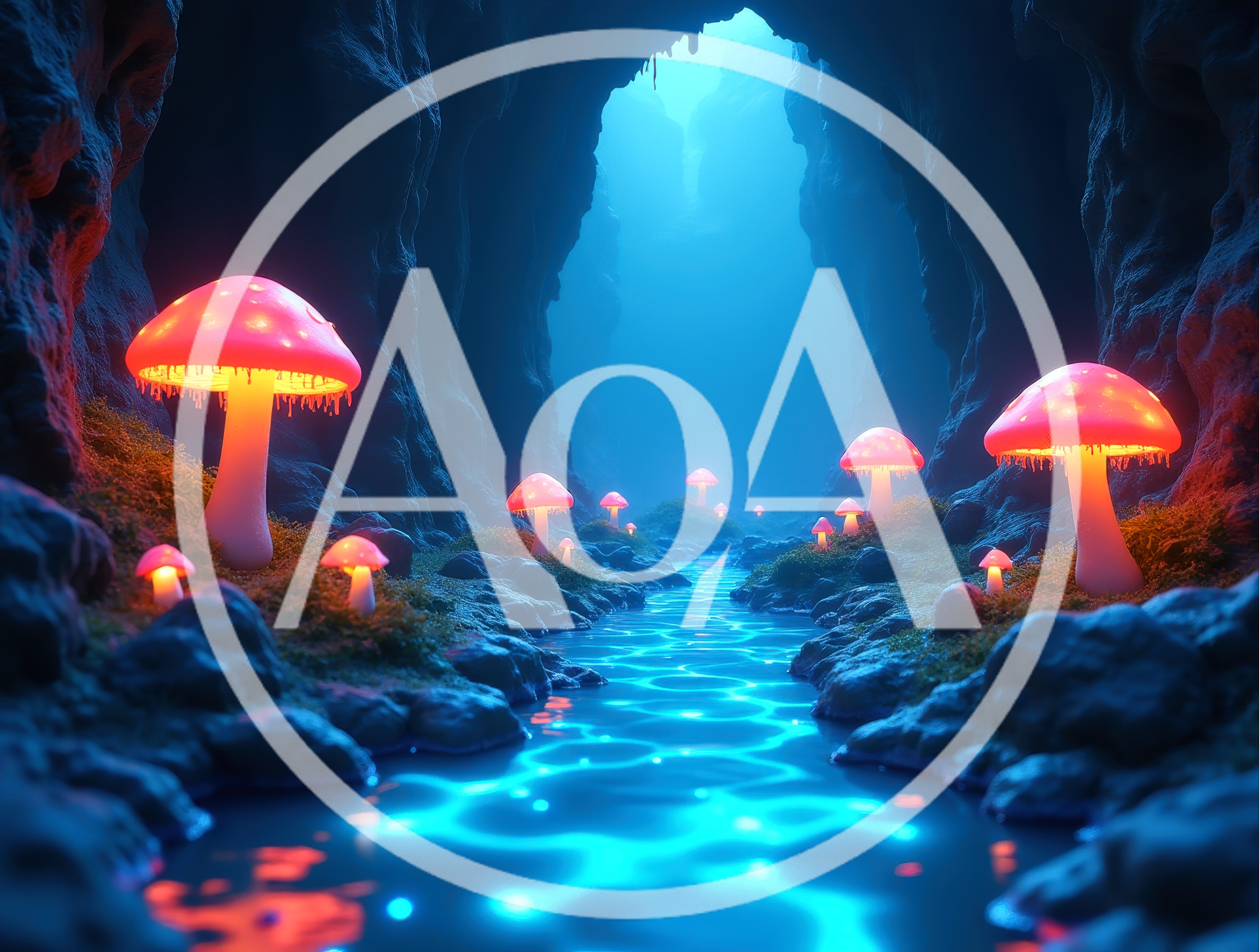 Glowing Bioluminescent Mushrooms In A Mystical Underground Cave
