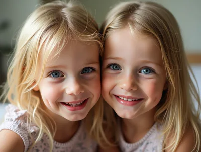 Portrait Of Two Identical Blonde Twin Girls Smiling