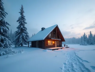 Cozy Wooden Cabin In Snowy Winter Forest