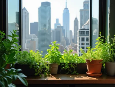 Potted Herb Garden on a Sunny City Apartment Windowsill