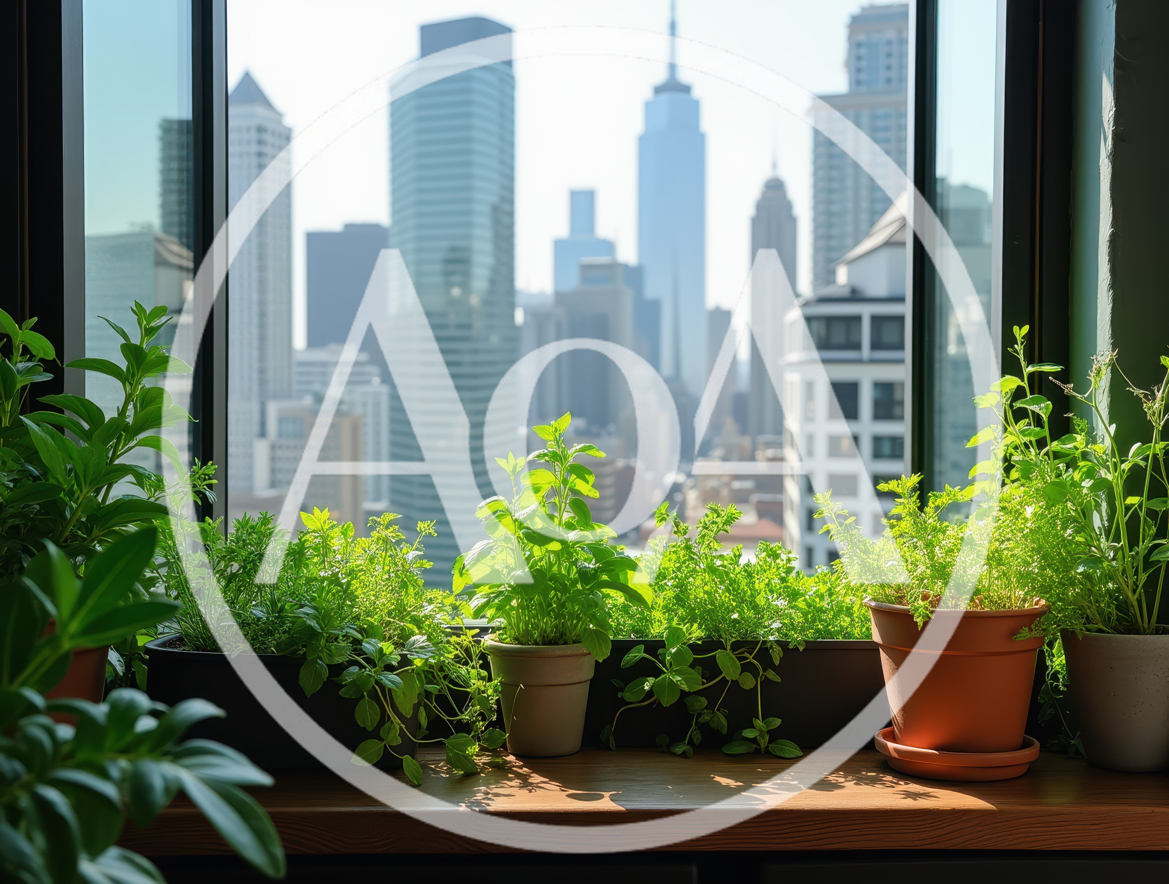 Potted Herb Garden on a Sunny City Apartment Windowsill