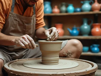 Potter Shaping Clay Vessel On A Pottery Wheel