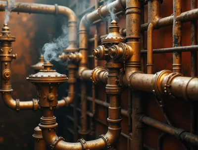 Steampunk Industrial Brass Pipe System With Steam